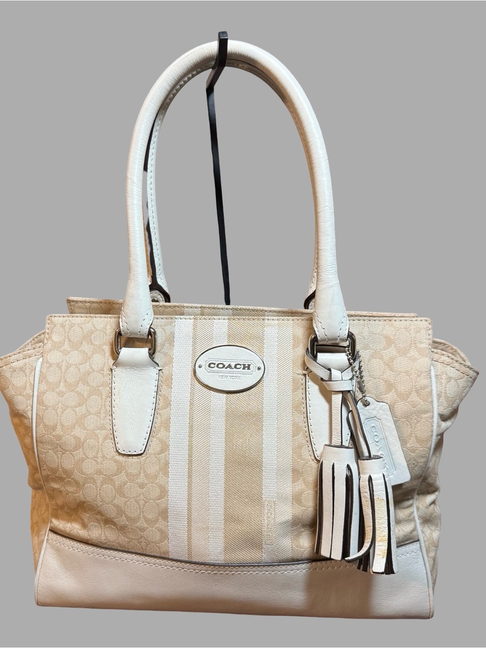 COACH Legacy Signature Stripe Molly Satchel / Tote - Khaki & White